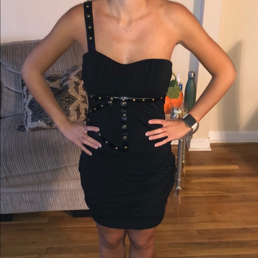 Juniors Black Asymmetrical Dress with Gold Studs